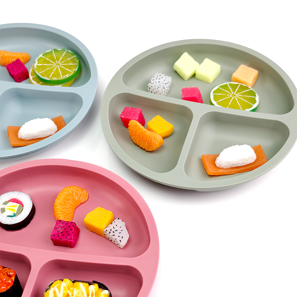 Toddler Plates 3 compartments Suction 100% Silicone for Baby 